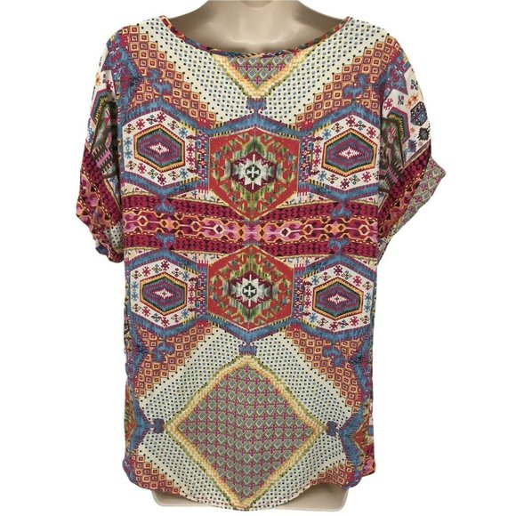 Raindrops By Papillon Womens Boho Print Cuffed Sleeves Multicolor Blouse Size M - Picture 2 of 7